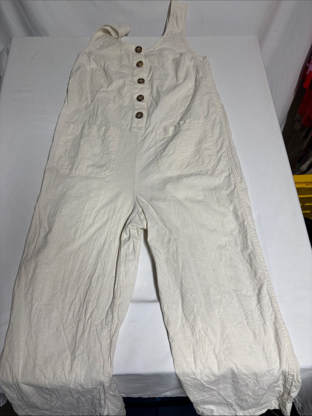 Marine Layer XS Linen Jumpsuit Cream Wide Leg Button Front Overalls
